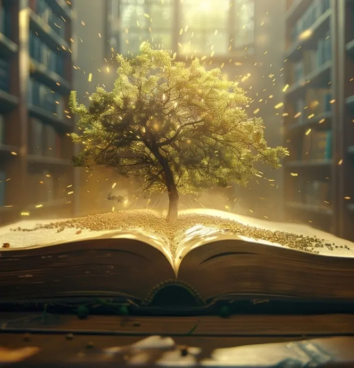 Book in library with tree growing out of pages