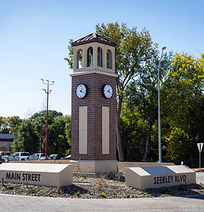 Miniature Campanile located in the roundabout of Main Street and Seerley Boulevard.