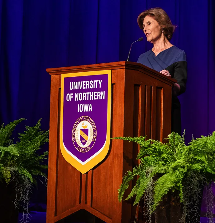 Laura Bush speaks at the 2019 Joy Cole Corning Lecture Series at UNI