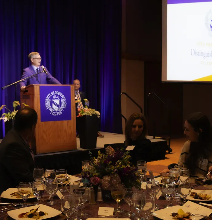 UNI President Nook speaks at the 2024 Distinguished Awards dinner