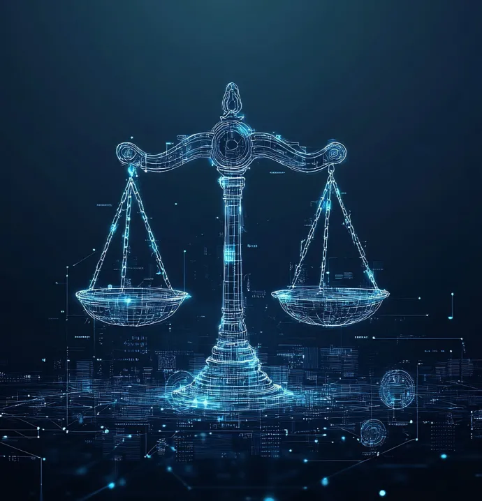 Digital illustration of glowing scales of justice made from blue circuit-like lines, symbolizing the balance between ethics and technology in data management.