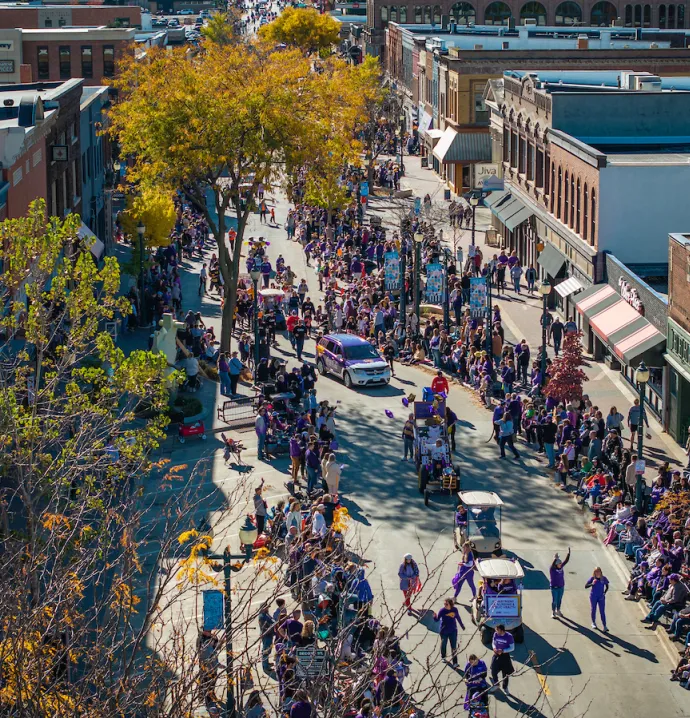 Aerial view of Homecoming parade in downtown Cedar Falls