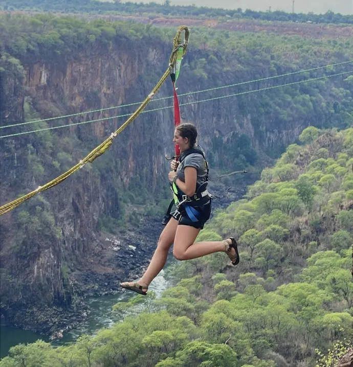 Tatiana Schaapherder ziplining in Zambia