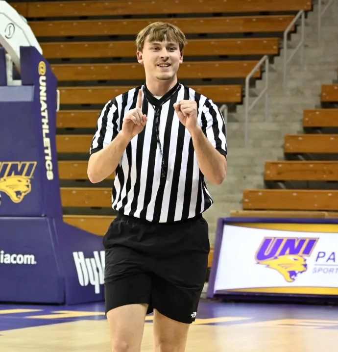 Koby Lampman refereeing UNI intramural basketball