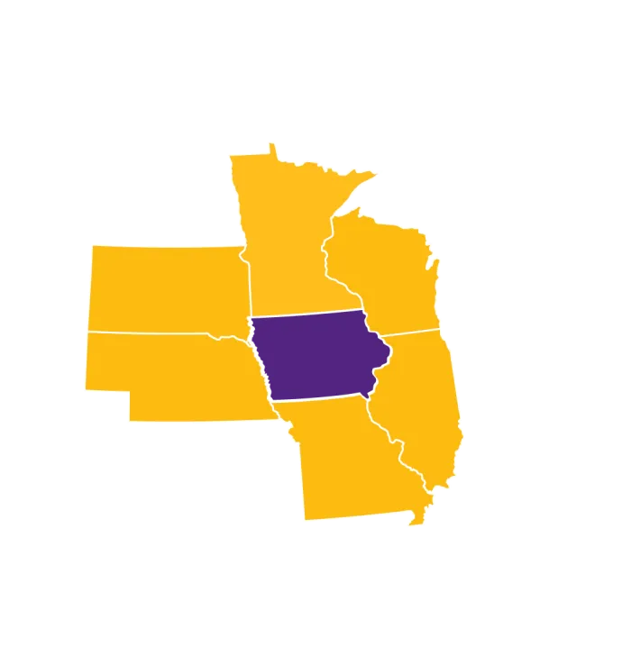The state of Iowa in purple with South Dakota, Minnesota, Wisconsin, Illinois, Missouri and Nebraska highlighted in yellow