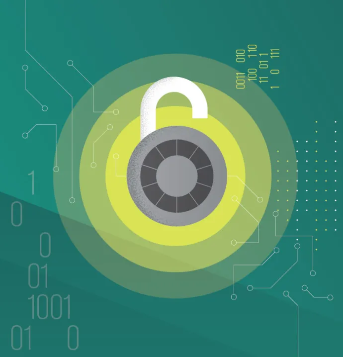 Illustration of an open padlock surrounded by digital circuit lines and binary code, symbolizing cybersecurity and data protection.