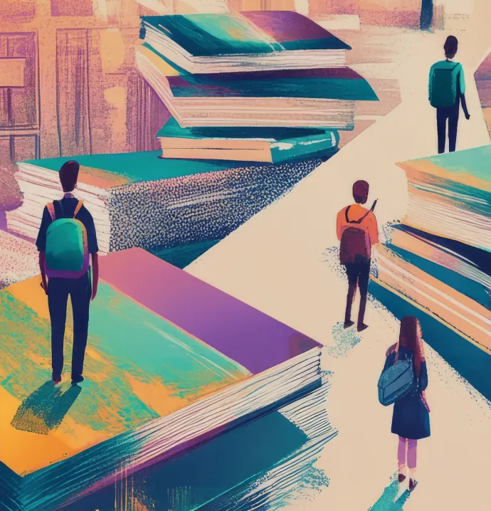 illustration of students looking into the horizon with books