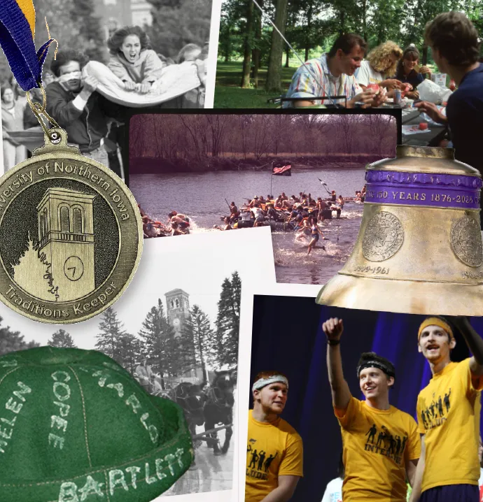 Snapshots of students through time, a traditions medallion, Sesquicentennial Bell and beanie 
