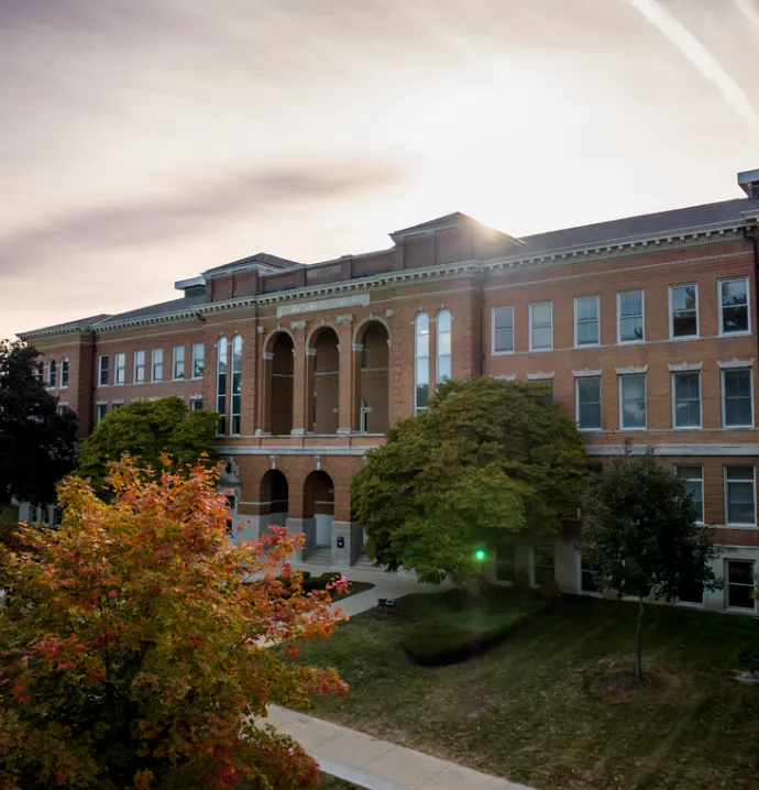 Drone shot of Lang Hall on UNI campus. 