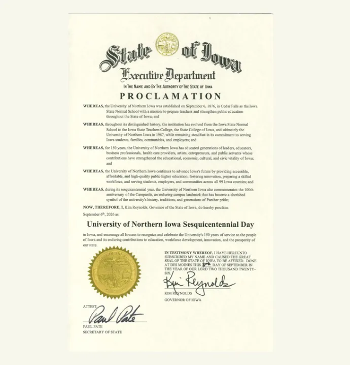 An image of a document that says State of Iowa executive department with language from a proclamation