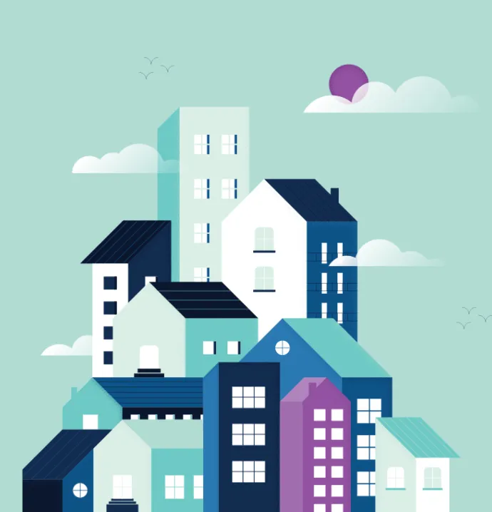 Illustration of colorful modern buildings in varying heights and shapes with blue, teal, and white tones under a textured sky with clouds, birds, and a purple sun.