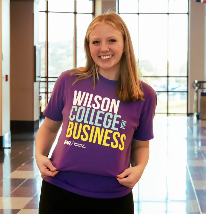 Abigail Chyma wearing a Wilson College of Business shirt
