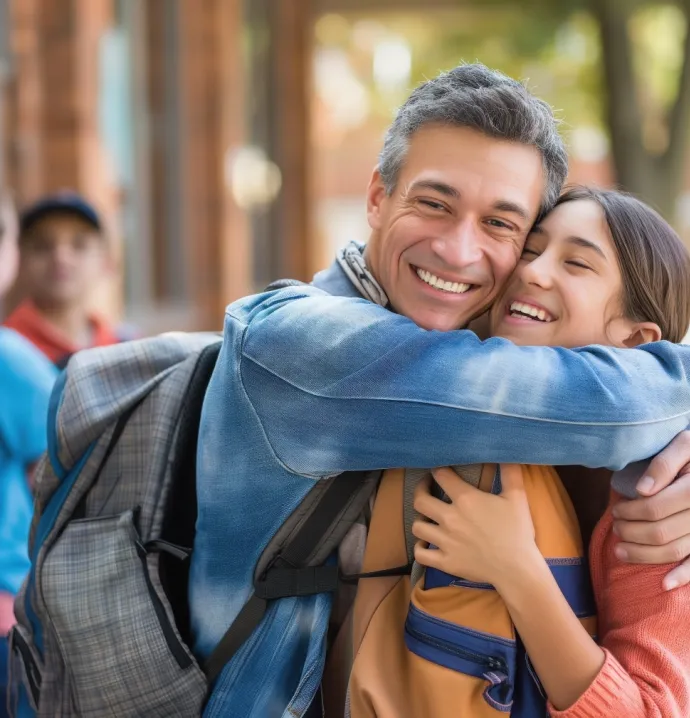 Dad hugging teenager on college campus