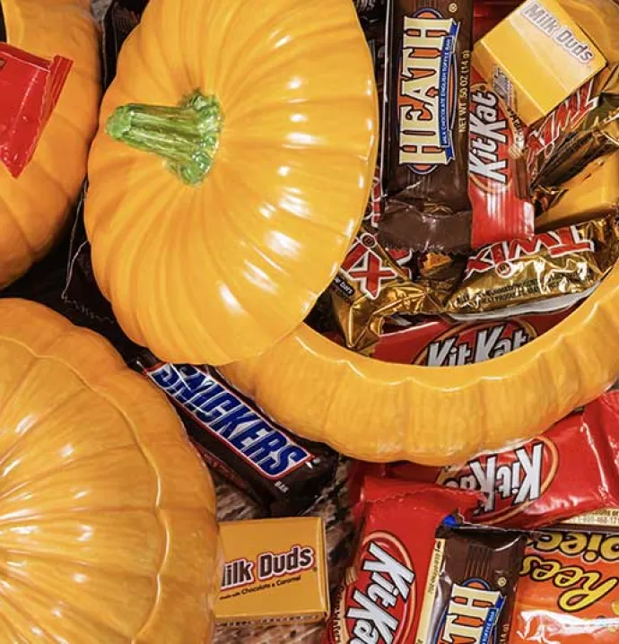 halloween candy in pumpkin bowl