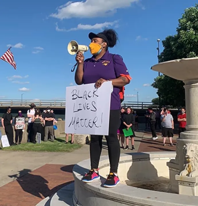 UNI student Joyce Levingston leads a Black Lives Matter protest.