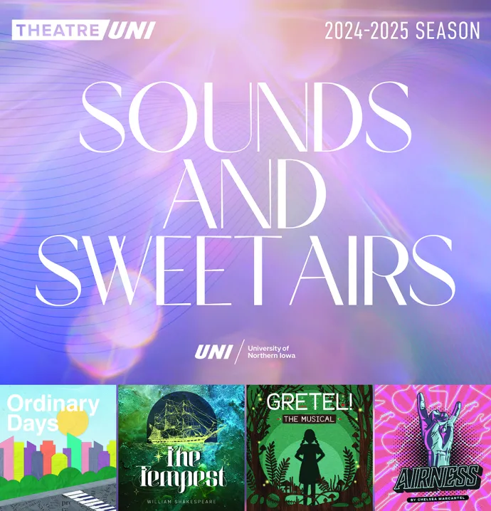 Collage of TheatreUNI 2024-2025 season: Ordinary Days, The Tempest, Gretel: The Musical, and Airness