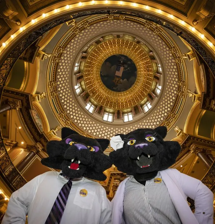 UNI mascots TC and TK at the Iowa capitol in Des Moines.
