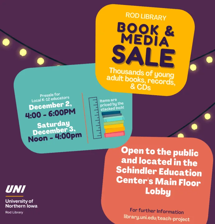 Book and Media Sale, December 2 4 to 6pm. December 3 noon to 4pm in Schindler