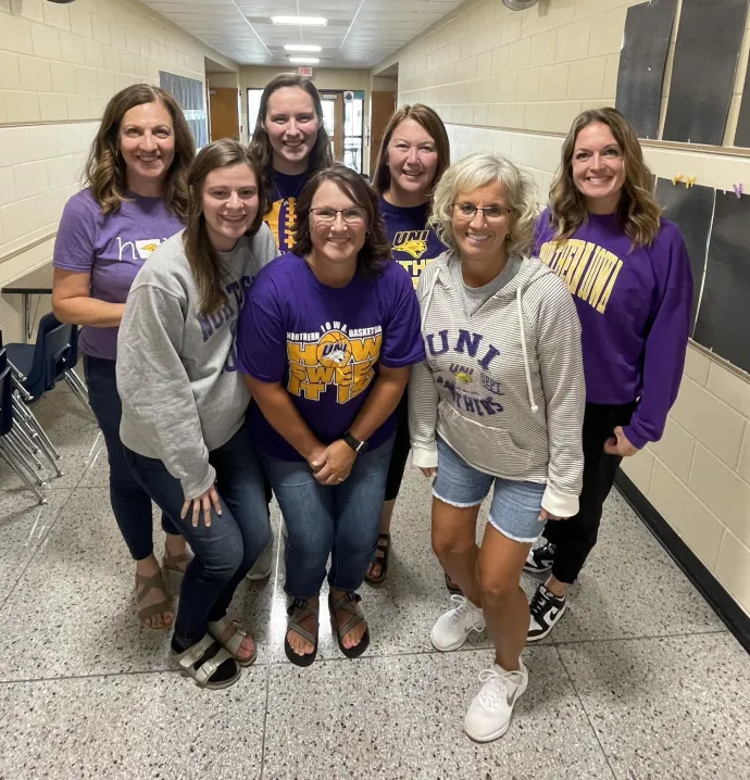 Third-grade teachers at Vinton-Shellsburg Community School District wearing UNI shirts