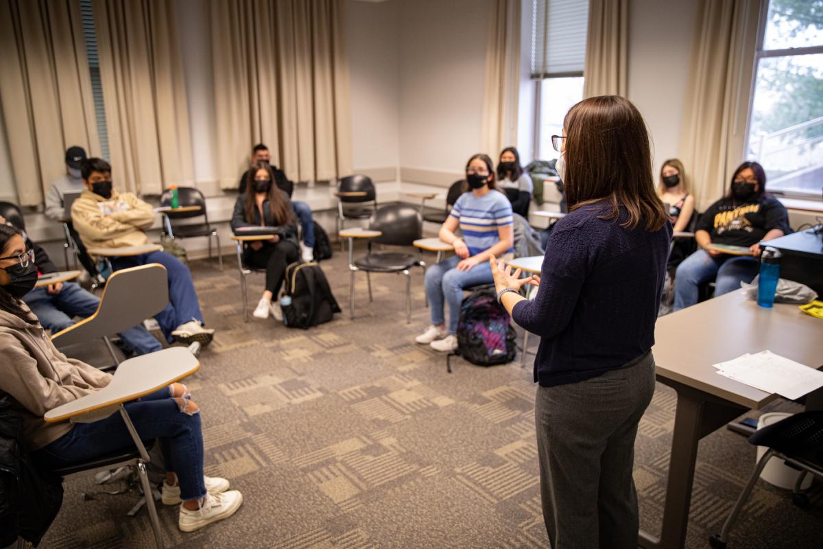 Students in a college classroom